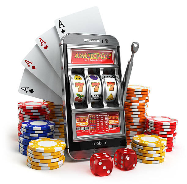 Online casino concept. Mobile phone, slot machine, dice and cards. 3d